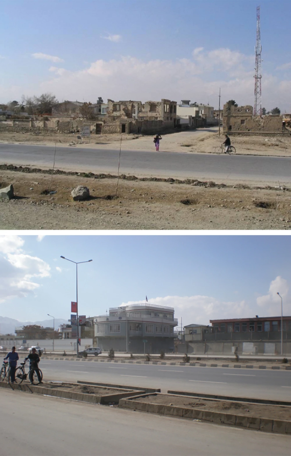 Una calle en Kabul cerca de la casa de la familia Loewen cuando llegaron en 2003 (arriba) y reconstruida diez años después (abajo).