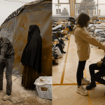 Izquierda: Sirios desplazados encienden una fogata junto a su tienda en un campo de refugiados. Derecha: Ucranianos en Polonia buscan refugio de la invasión rusa.