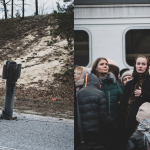 Izquierda: Un cohete incrustado en el asfalto de una carretera rural entre las poblaciones de Piskivka y Kukhari, al noroeste de Kyiv [Kiev]. Derecha: Pasajeros esperando el tren en una estación abarrotada en Lviv [Leópolis], Ucrania.