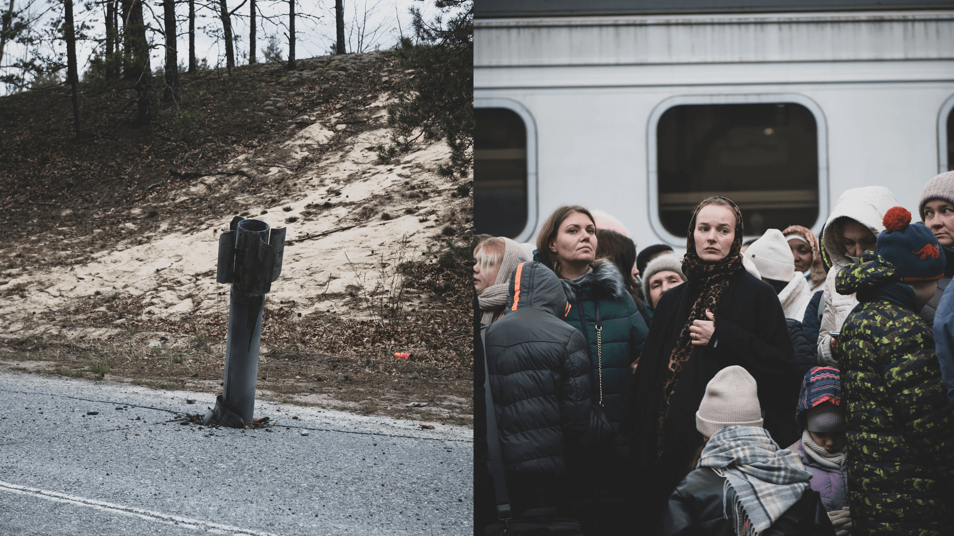 Izquierda: Un cohete incrustado en el asfalto de una carretera rural entre las poblaciones de Piskivka y Kukhari, al noroeste de Kyiv [Kiev]. Derecha: Pasajeros esperando el tren en una estación abarrotada en Lviv [Leópolis], Ucrania.