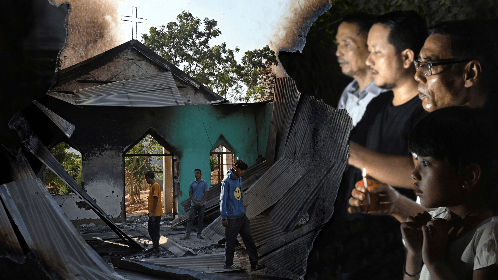 Izquierda: Aldeanos inspeccionan los escombros de una iglesia saqueada e incendiada por una turba en Manipur. Derecha: La gente de Manipur ora por la paz.