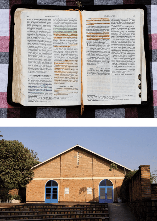 La Biblia personal de Cedric Kanana. Abajo: La iglesia de Cedric Kanana en Kigali, Ruanda.