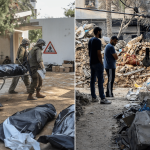 Izquierda: Víctimas fatales de las fuerzas israelíes que se enfrentaron a los militantes islámicos de Hamás. Derecha: Destrozos en Gaza causados por los ataques aéreos de Israel.