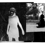 Photos of a young girl and baby with them cut out and the eye of a woman poking through the silhouette of the girl