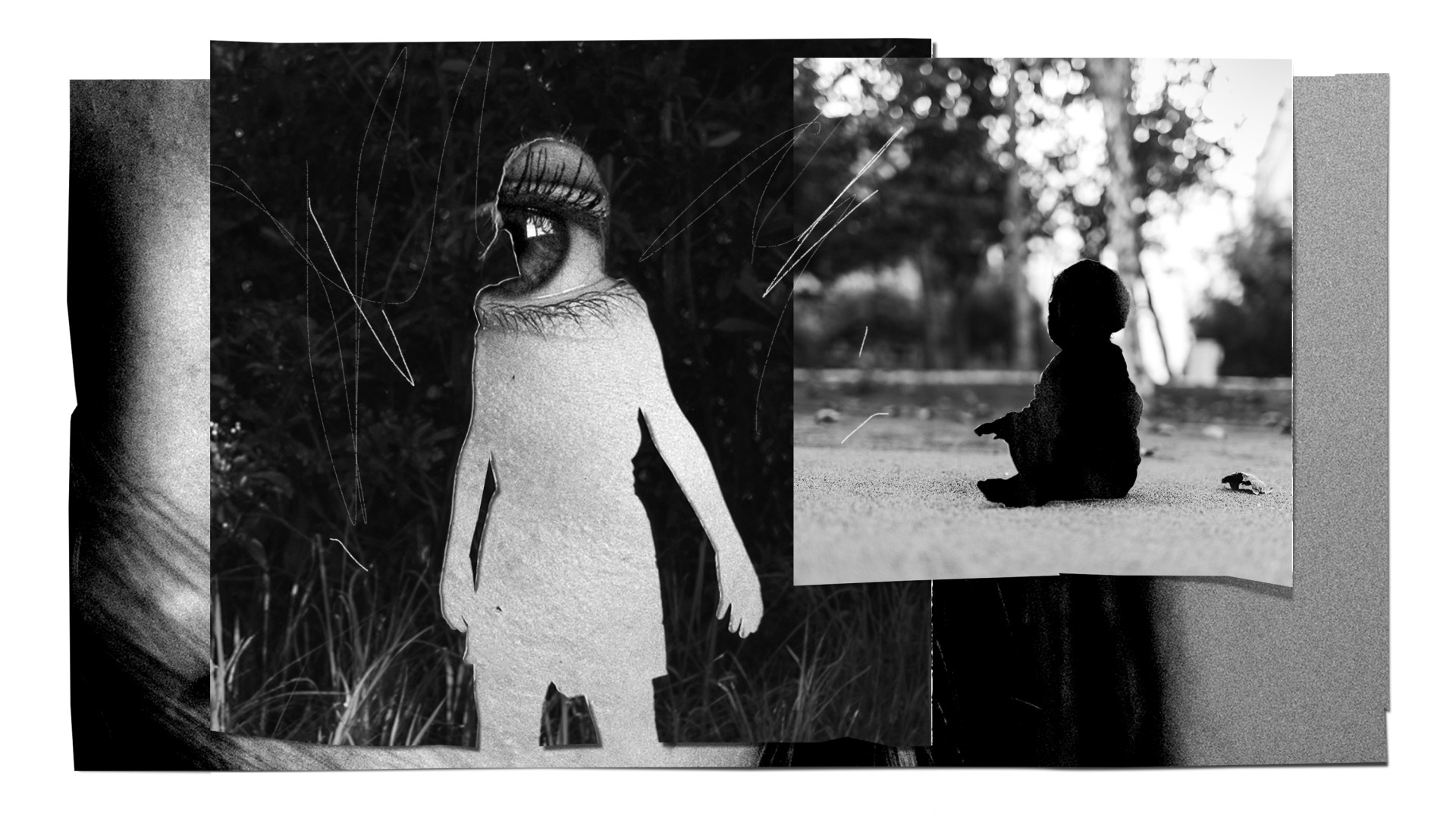 Photos of a young girl and baby with them cut out and the eye of a woman poking through the silhouette of the girl