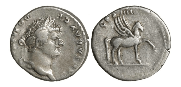 A coin with Domitian on the front and a winged mythical pegasus on the back