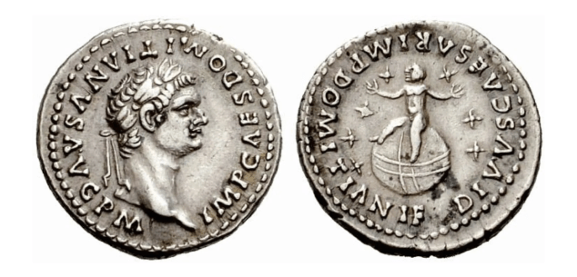 A coin with Domitian on the front and his divine son holding seven stars on the back