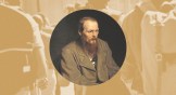 A portrait of Dostoevsky with college students walking in the background.