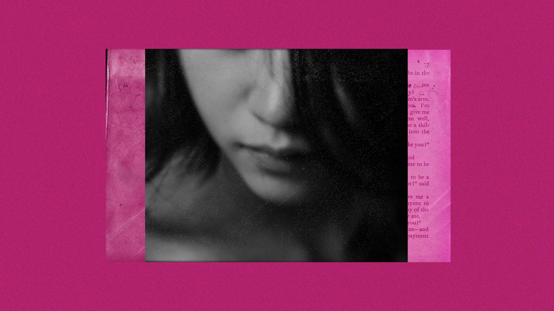 A collage of images showing a woman and a book on a pink background.