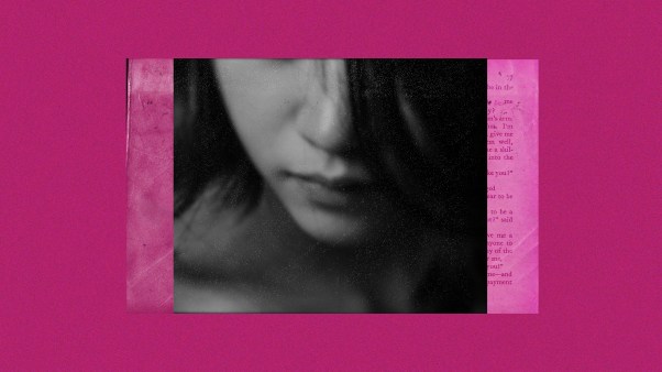 A collage of images showing a woman and a book on a pink background.