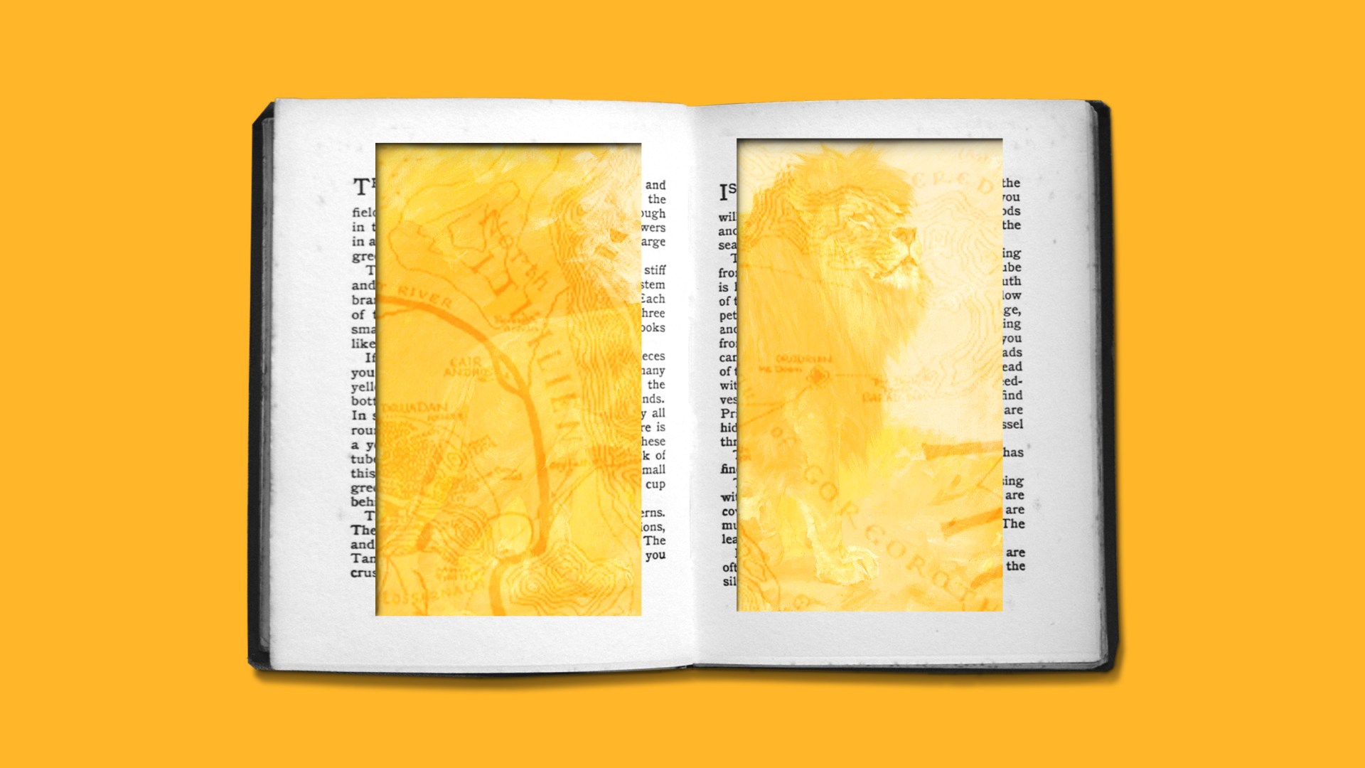 An open book with a lion and a Tolkien map showing through holes in the pages.