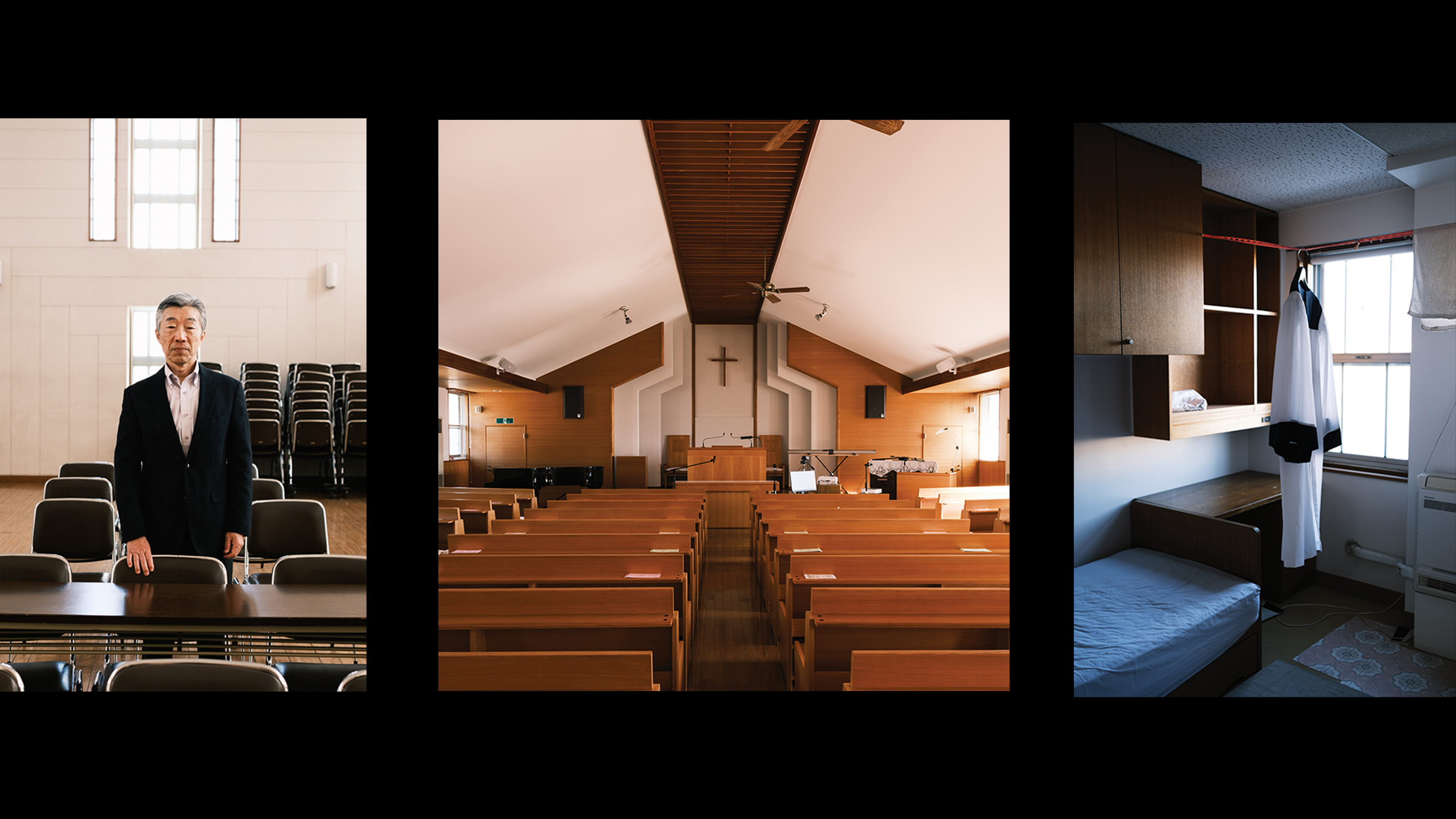 Man stands in empty church surrounded by empty chairs and empty pews in Japan. On the left is a pastor's vestment hanging.
