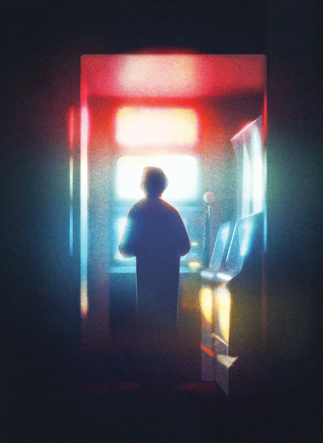 A lone figure stands before a slot machine
