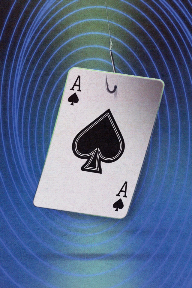 An ace of spades dangles from a fishing hook