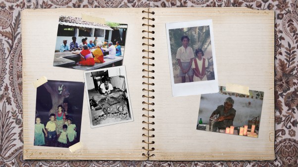 Collage of old photos on a vintage scrapbook on a piece of patterned clothe
