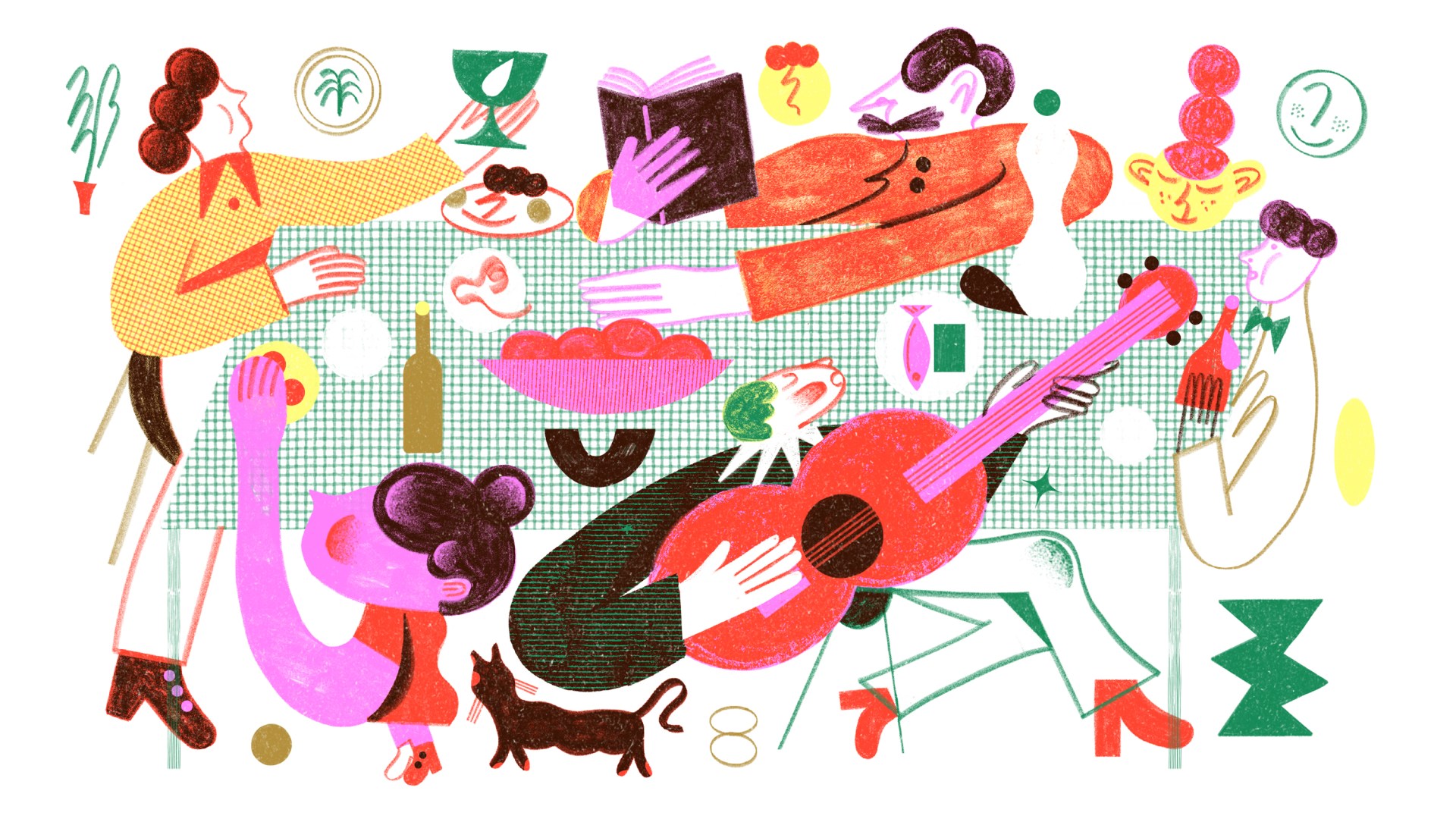 people gathered around the table, eating and celebrating