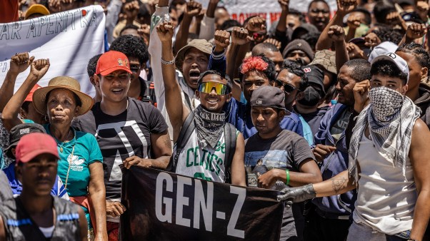 Protesters gather for a civil society rally outside City Hall in Antananarivo, Madagascar on October 13, 2025.