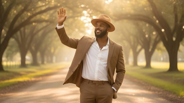 An AI-generated man walks down a road arched with trees wearing a tan suit and hat and waving to the side.