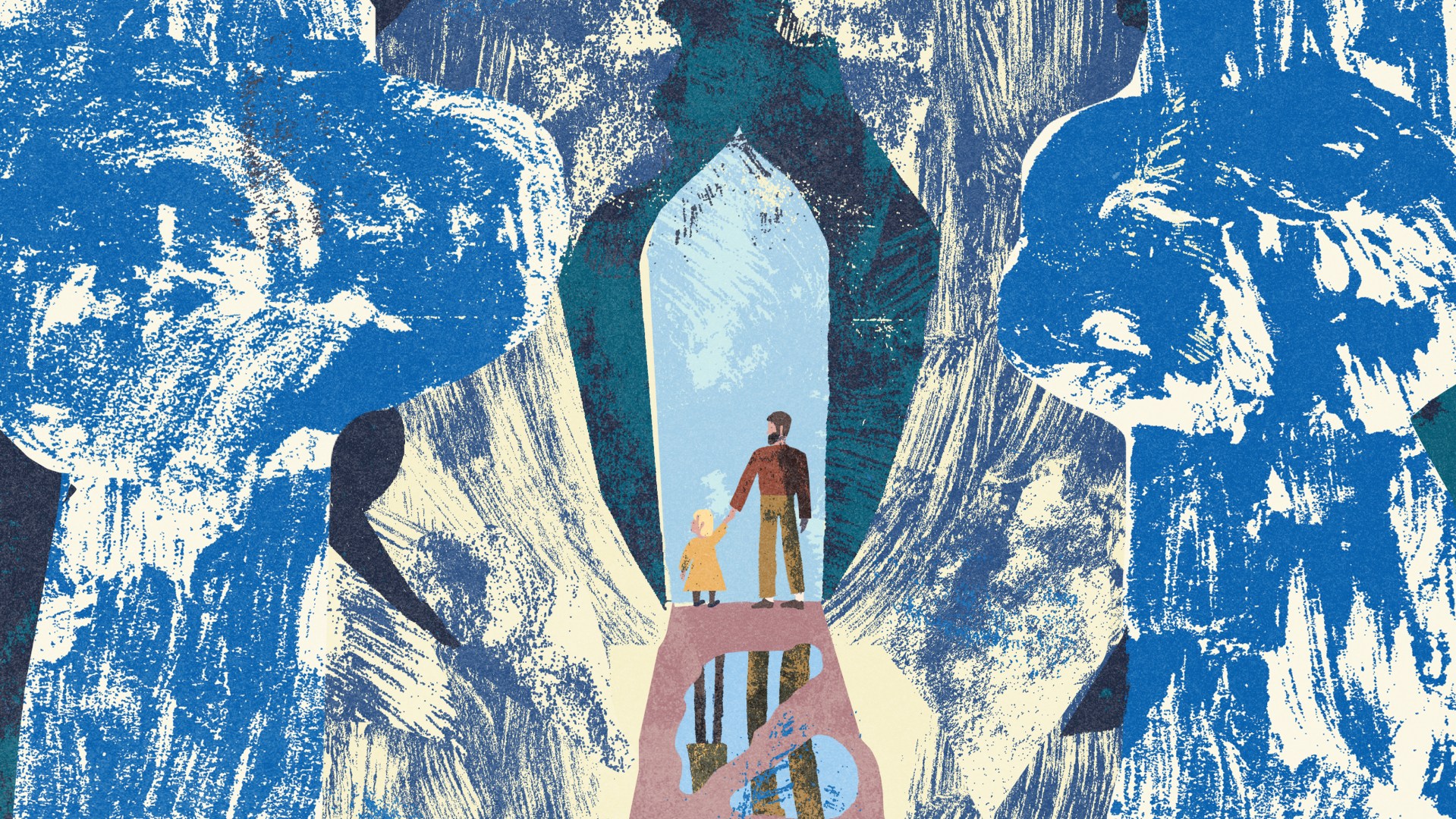 An illustration of a father and daughter holding hands.