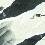 Black-and-white collage of a hand holding a syringe, printed over a ripped paper.
