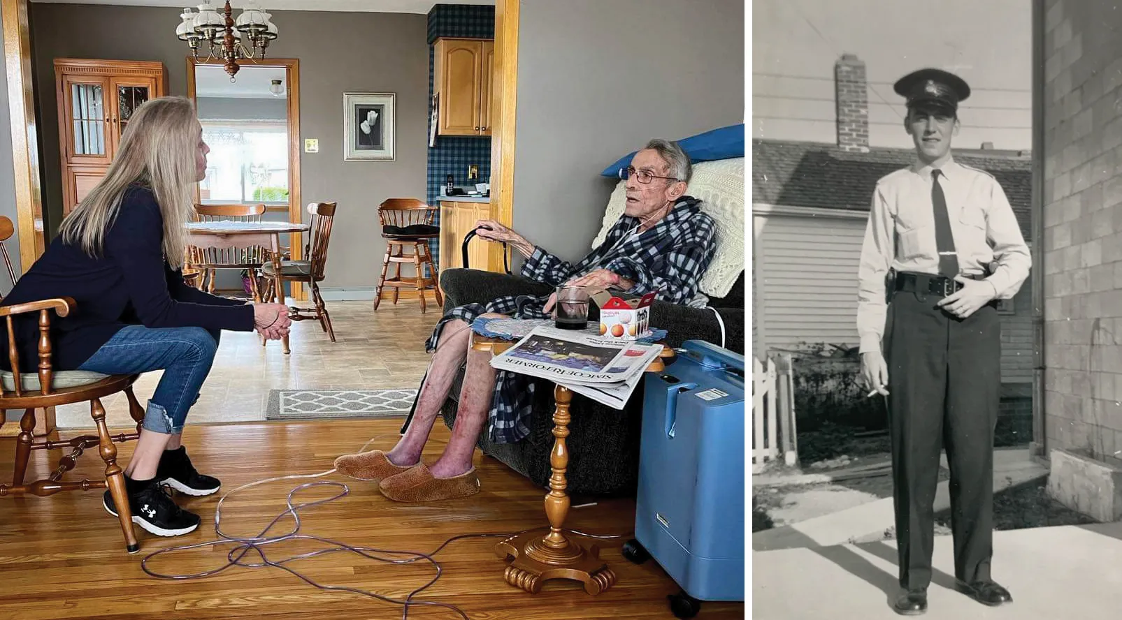 Izquierda: Colleen De Vos con su padre, Jim Phillips, el día de su fallecimiento en 2023. Derecha: Phillips de joven, cuando era agente de policía en Ontario. Fue fumador toda su vida y desarrolló una enfermedad pulmonar grave.