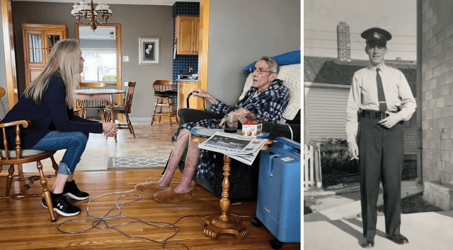 Izquierda: Colleen De Vos con su padre, Jim Phillips, el día de su fallecimiento en 2023. Derecha: Phillips de joven, cuando era agente de policía en Ontario. Fue fumador toda su vida y desarrolló una enfermedad pulmonar grave.
